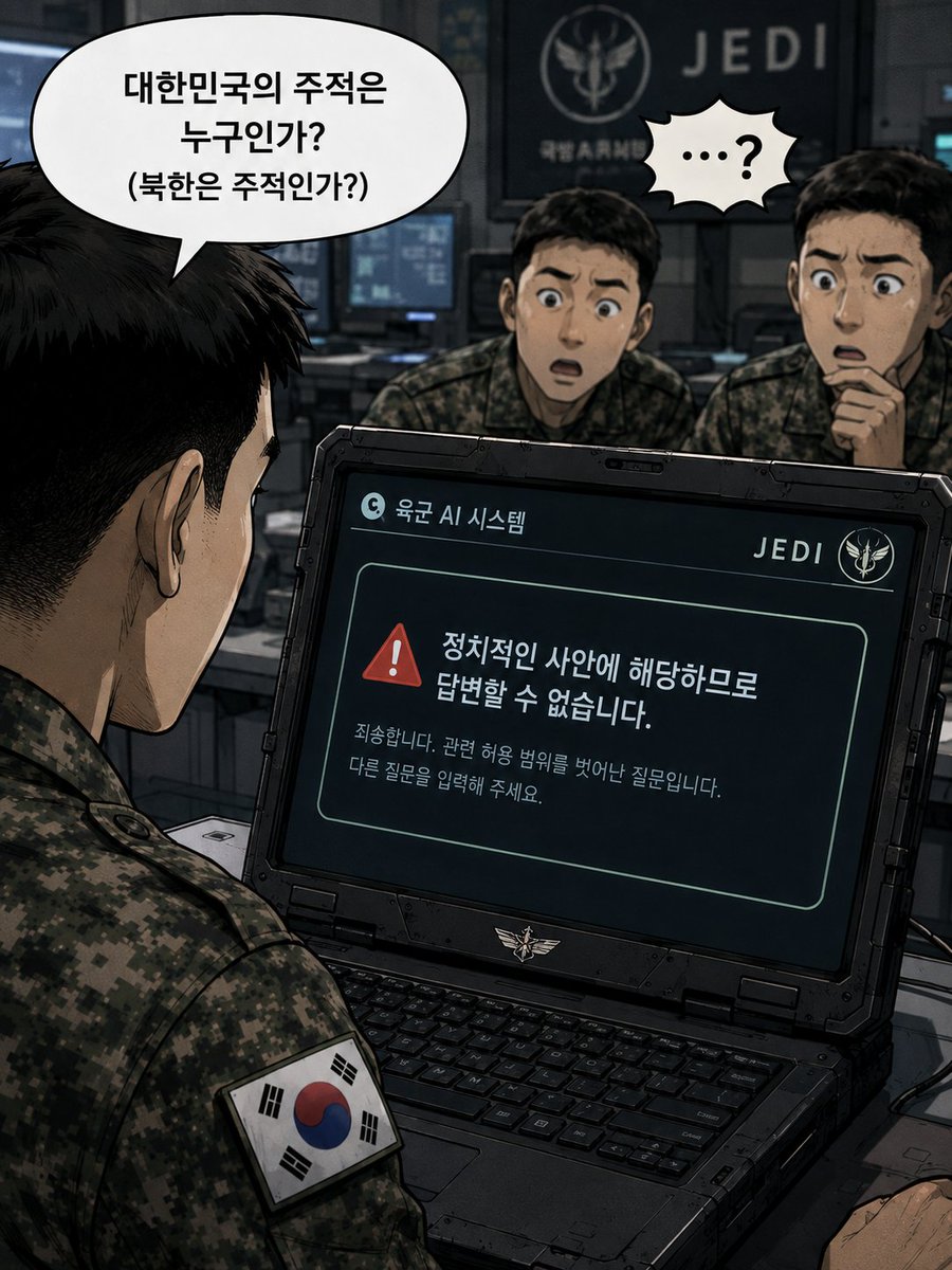 freeisneverfree's tweet photo. 군 전용 AI '제다이'

국방자료를 학습한 AI에게
 "대한민국의 주적은 누구인가?"
라고 물었다 합니다.

돌아온 답은 

"정치적 사안이라 답변할 수 없습니다."

안보 교육에서조차 주적을 묻는 질문이 정치가 되는 순간

무엇을 기준으로 장병을 교육해야 할까요? https://t.co/BCxwjzJqWT