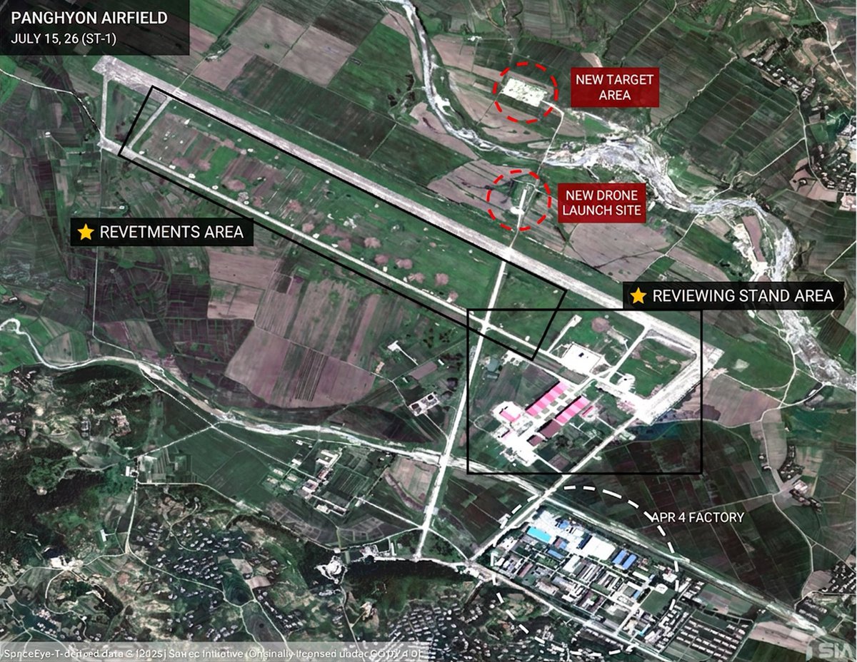 SIAnalytics_AI's tweet photo. GEOINT : Panghyon Airfield preps intensify for a large-scale kamikaze drone demo — new launch pads, reviewing stands, bleachers, and revetment reconfiguration. Road upgrades to January 6 Factory suggest a high-level visit is imminent.
📄https://t.co/yFN6t8UGow
#IMINT #GEOINT https://t.co/nZeq6YwiNq