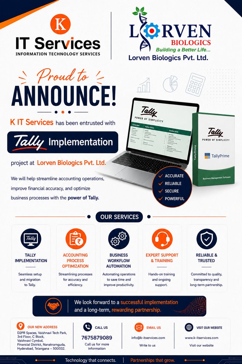 KITSERVICESS's tweet photo. Grateful for the trust! We're proud to begin our TallyPrime Implementation journey with Lorven Biologics Pvt. Ltd. Here's to a successful partnership. 

#TallyPrime #DigitalTransformation #KITServices https://t.co/cjZRBtZzWT