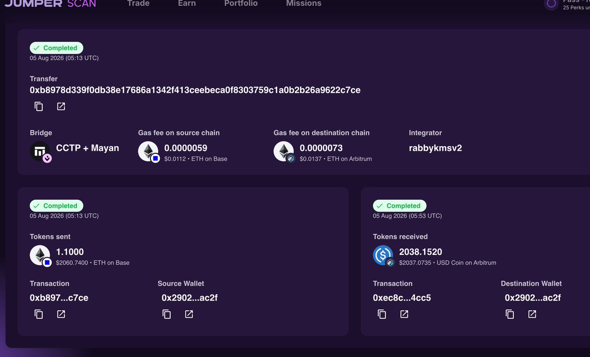 mztacat's tweet photo. Swapped 2k on Rabby, then received $10. 
For about 15 minutes, I still didn't receive it
   - I  checked the transaction tab and saw my 1E had been swapped for 10 USDC. 
   - Initially, I thought I’d been Mev’d (too early to begin the day that way, LOL)

And began wondering what happened, trying to convince myself it's a glitch ( @Rabby_io transaction says it swapped for $10
  - Since it was @lifiprotocol, I checked its explorer only to find out it's Circle CCTP routing through Mayen (took about an hour)

Always check the transaction to confirm the route 
 - Some Dexes are illiquid, and if there's a little bug from inapp, you may swap as high as $100k for $10 - it happens. 
    - Check slippage and fees 
    - Check transactions again before approval 
Stay safe.