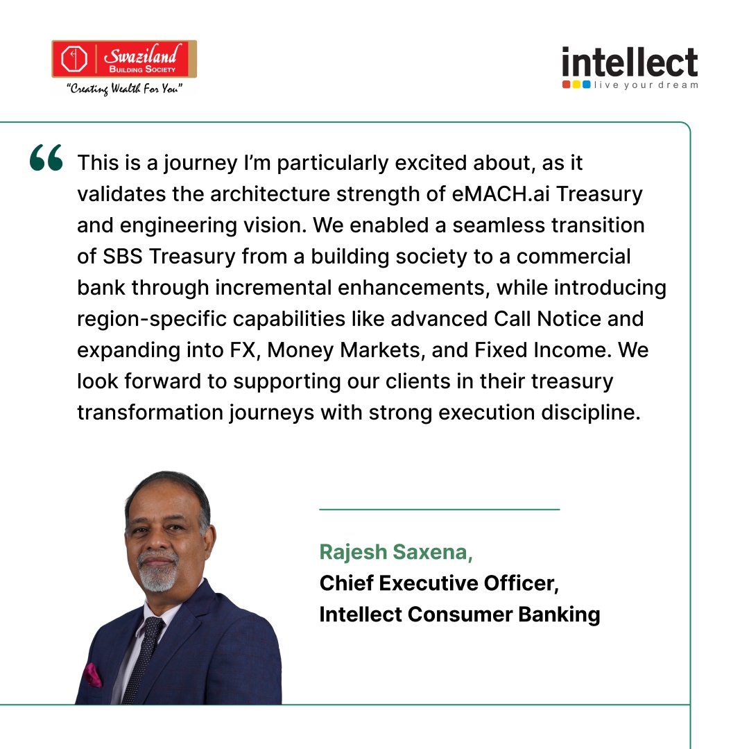 i_DesignArena's tweet photo. Swaziland Building Society goes live with Intellect’s eMACHai Treasury, powering their strategic transition to commercial banking

Read the press release: https://t.co/Xr9Hw6f0VV

#eMACHTreasury #CommercialBanking #DigitalTransformation #eMACHai #SWIFT https://t.co/BNmzCTnSoY