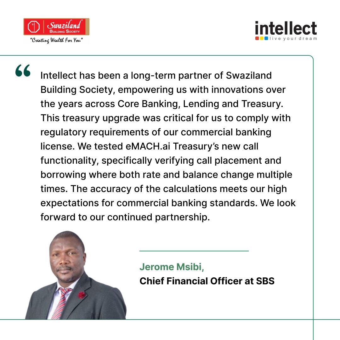 i_DesignArena's tweet photo. Swaziland Building Society goes live with Intellect’s eMACHai Treasury, powering their strategic transition to commercial banking

Read the press release: https://t.co/Xr9Hw6f0VV

#eMACHTreasury #CommercialBanking #DigitalTransformation #eMACHai #SWIFT https://t.co/BNmzCTnSoY