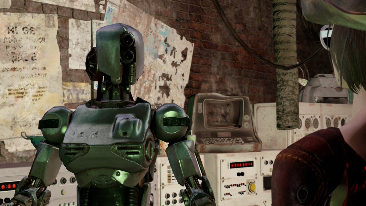 BAK1325's tweet photo. 不満気な顔でこっちを見るケイトと不満かどうかさえわからないPAM  

#フォールアウト4 #fallout4 #ゲーム実況 https://t.co/eKELcepKm2