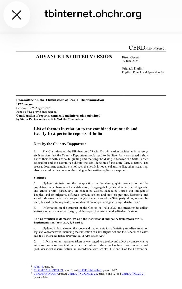 ArmsConAdvisor's tweet photo. The UN CERD review of India opens on 10 August. Its List of Themes specifically asks about discrimination in employment and land ownership in J&K, and allegations involving law-enforcement operations. 
Paras 22–23: https://t.co/NNpQOQ7M1L 

@IndiaUNGeneva @UNHumanRights 
@TahirAndrabi 
@hushamahmed @ForeignOfficePk @MEAIndia @dratiaalikazmi @AsmaKhawaja5 @ciss_ajk