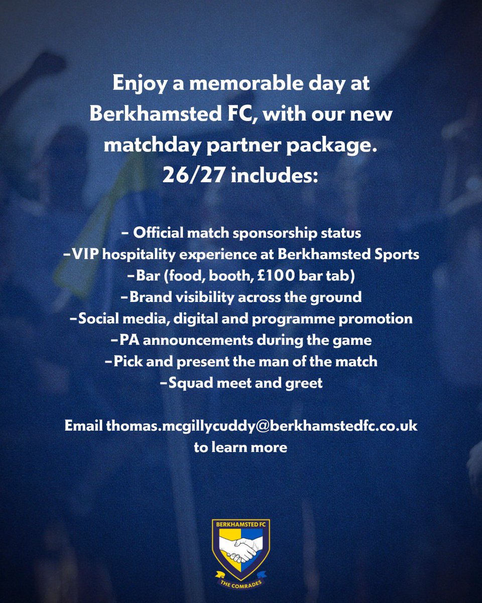 BerkoFC's tweet photo. Take centre stage on matchday. 💙💛

Put your business in front of the Berkhamsted FC faithful while enjoying the ultimate non-league hospitality experience.

Our Matchday Partner package includes sponsorship, hospitality, brand exposure, PA announcements, presenting the Player of the Match and more.

📧 thomas.mcgillycuddy@berkhamstedfc.co.uk

#BerkhamstedFC #UpTheComrades #UTC