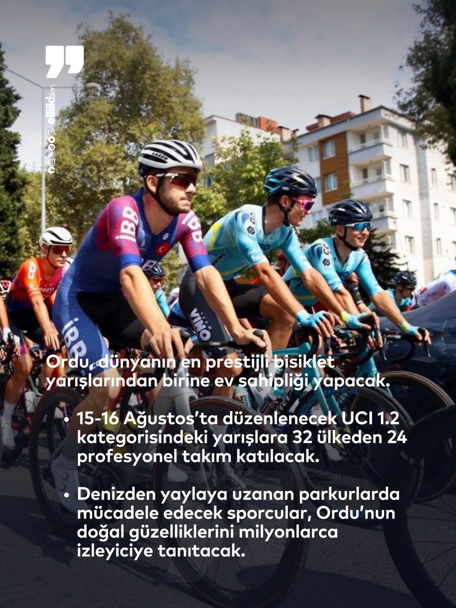 elliikiden_'s tweet photo. Ordu, dünyanın en prestijli bisiklet yarışlarından birine ev sahipliği yapacak.

• 15-16 Ağustos’ta düzenlenecek UCI 1.2 kategorisindeki yarışlara 32 ülkeden 24 profesyonel takım katılacak.

• Denizden yaylaya uzanan parkurlarda mücadele edecek sporcular, Ordu’nun doğal güzelliklerini milyonlarca izleyiciye tanıtacak.