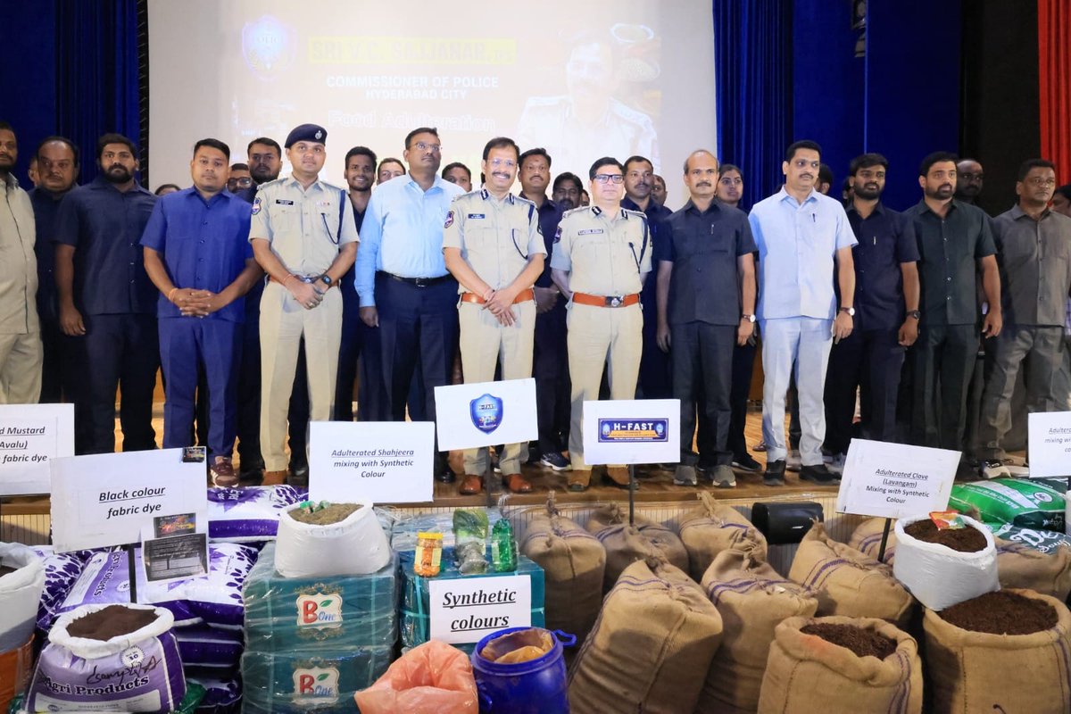 HFastHCP's tweet photo. 🚨 H-FAST Cracks Down on Large-Scale Spice Adulteration in Hyderabad 🚨

In a major operation to safeguard public health, H-FAST of the Hyderabad Police Commissioner's Task Force, in coordination with the GHMC Food Safety Team, conducted raids at 13 spice processing and trading establishments across the city.

The inspections uncovered the use of industrial synthetic colours, fabric dyes, talcum powder, oil, and other hazardous substances to adulterate mustard seeds, cloves, shahjeera, ajwain, jeera, and other spices, artificially enhancing their appearance, weight, and market value.

 Over 25 tonnes of adulterated spices intended for supply across Telangana and Andhra Pradesh were seized during the operation.

⚠️ Food adulteration using hazardous chemicals poses a serious threat to public health.

H-FAST maintains zero tolerance towards food adulteration and will continue strict enforcement to ensure safe food for the public.

#HFAST #HyderabadPolice #FoodSafety #StopFoodAdulteration #SafeFood #PublicHealth #GHMC #ZeroTolerance #SpiceAdulteration