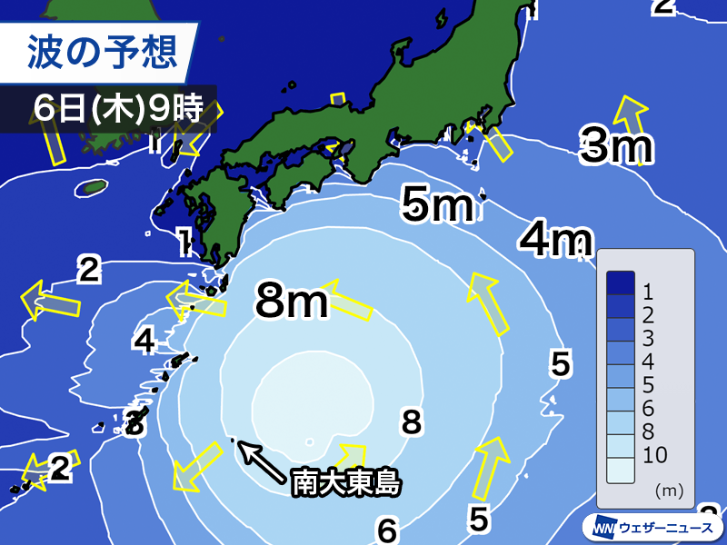 wni_jp's tweet photo. 【台風情報】
大型で非常に強い台風13号(ドルフィン)の影響は明日6日(木)から沖縄に出始めます。
7日(金)〜8日(土)をピークに大荒れとなる見通しで、厳重な警戒が必要です。
https://t.co/3CpSbC45ob https://t.co/sHiaJgdfxD