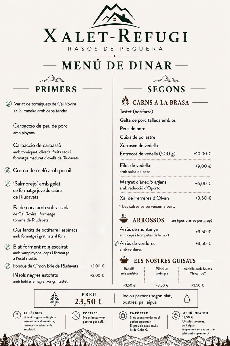 refugirasos's tweet photo. I a part de venir a dormir també oferim dinars, i quins proveïdors ❤️🙌

Verdura de Cal Faneka, sobrassada de Cal Rovira, formatge de Riudavets, xai de Ferreres, vedella del Pi de les 3 branques, ànec 5 Aglans, blat forment de l’Escairador, pèsols negres de Cal Andreuet i més… https://t.co/zYyBcbY1zv