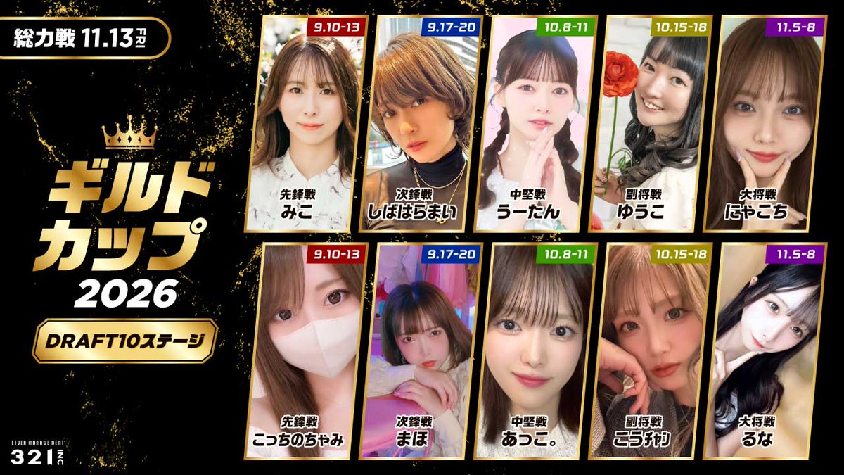 321_liver's tweet photo. ／
🔥ギルドカップ2026🔥
321代表メンバー発表！
＼

9月10日より開幕する、Pococha事務所対抗戦「ギルドカップ2026」に321が参戦します！
「TOP 10ステージ」「DRAFT 10ステージ」に挑む、総勢20名の代表ライバーが決定しました✨

321一丸となって、優勝を目指します🏆
熱い応援をよろしくお願いします！

▼詳細はこちら
https://t.co/HlZAvJ11R0

#ギルドカップ2026