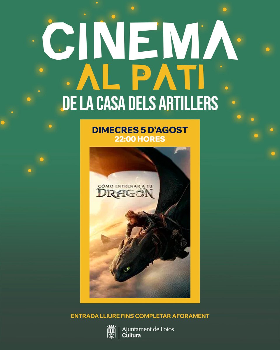AFoios's tweet photo. 📽️☀️ Tornem a tindre una nova sessió de Cinema al Pati (a l'aire lliure) de la Casa dels Artillers de #Foios!
🙌 T'esperem! Amb entrada lliure i gratuïta fins completar l'aforament, com sempre! 🆓
🐉 'Cómo entrenar a tu dragón'
📅 Hui, 5 d'agost ⏰ 22 h https://t.co/tMnJeLa3Uf