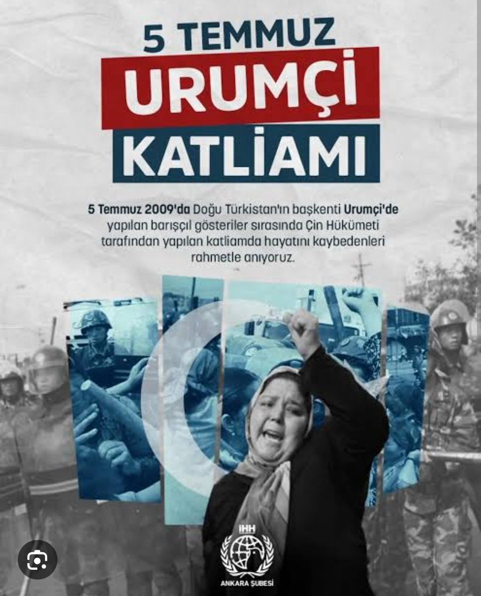 mujdatcobanoglu's tweet photo. 5 Temmuz 2009: Doğu Türkistan’ın yakın tarihindeki en b��yük acılardan biri olan Urumçi Katliamı’nın yıl dönümü.
Barışçıl hak arama protestolarının Çin yönetimi tarafından kanlı bir şekilde bastırıldığı bu kara günde hayatını kaybeden soydaşlarımızı rahmetle ve saygıyla anıyoruz. https://t.co/Qq0YHiTHcq