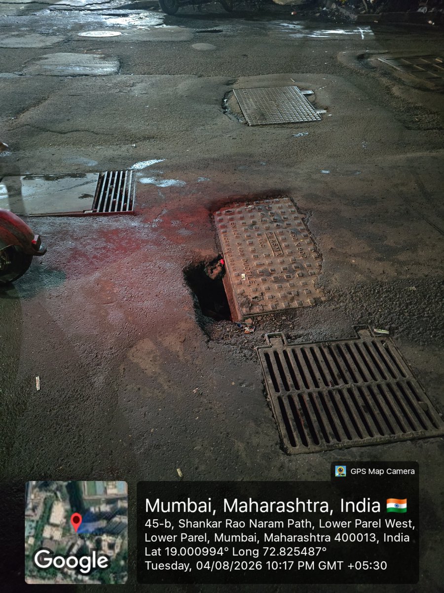 Pxwxnn's tweet photo. Urgent attention required! @mybmc
@mybmcWardGS 
A dangerous open cavity has formed right next to the drainage lid at Shankar Rao Naram Path, Opp to Shriniwas Mill Mhada Tower, Lower Parel
​This is a severe accident hazard. Please repair this immediately! https://t.co/8gaxxNEyDi