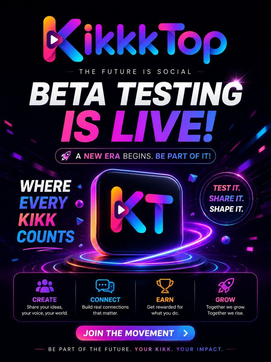 KikkTop's tweet photo. 🚀 KikkTop Beta Testing is Now Live!

Be among the first to experience the future of social media.

If you'd like to participate in the KikkTop Beta Testing Program, I'm now sharing the registration details along with an exclusive invite code.

Simply sign up, explore the platform, test its features, and share your valuable feedback to help us build a better experience for everyone.

Registration Details

Website: https://t.co/8C6K1ietFh
Invite Code: KT60445543

Join the Beta Testing Community

To ensure smooth communication, receive the latest updates, report bugs, and share your feedback, all beta testers are requested to join the official WhatsApp Beta Testing Group.

Official WhatsApp Group:
[Join the KikkTop Beta Testing WhatsApp Group](https://t.co/GlhYYvUltS)

Thank you for being an early adopter and helping shape the future of KikkTop.

KikkTop — Where Every Kikk Counts. 🚀
#KikkTop #KikkPoints #KikkKoins #HeyKT