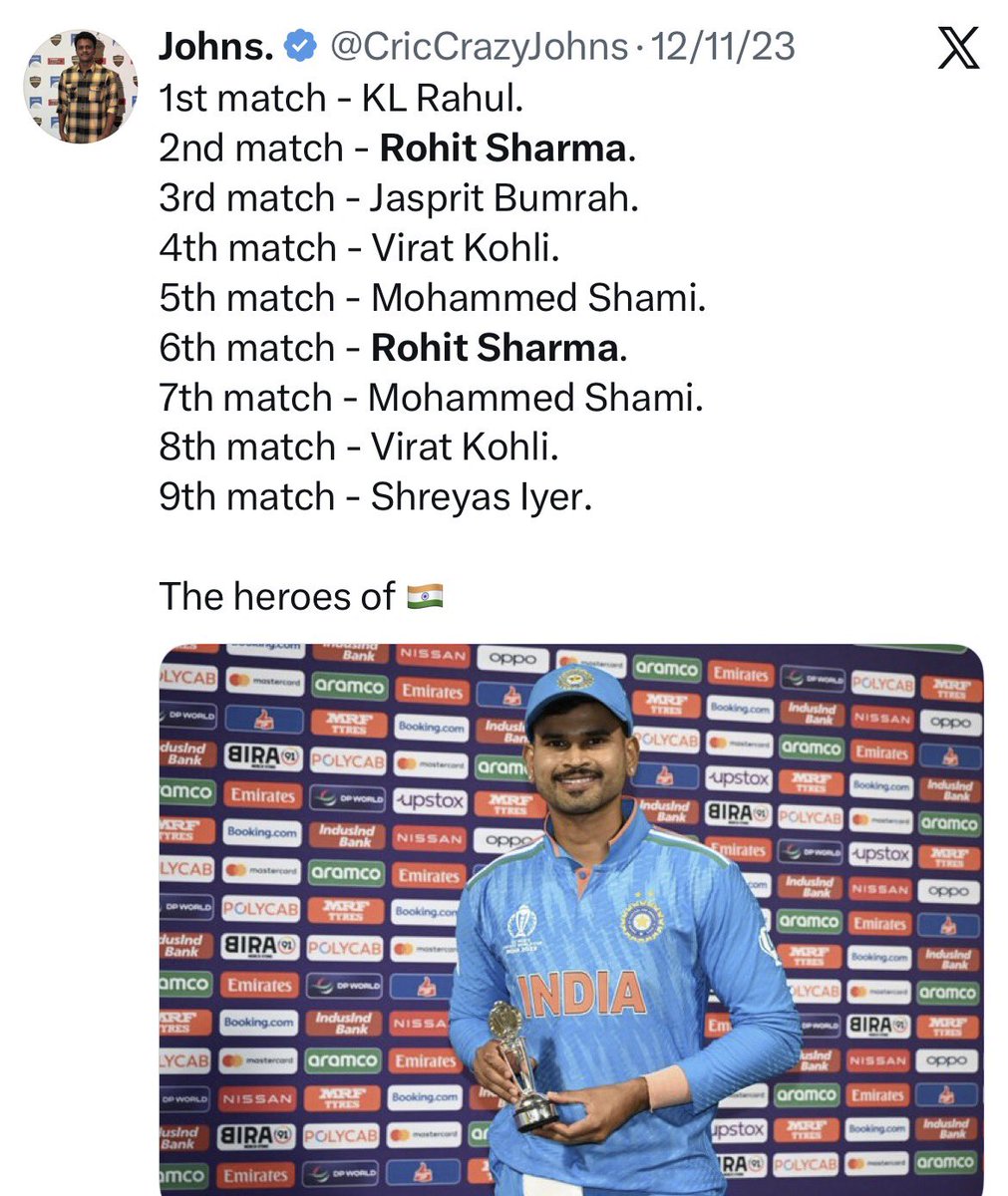 sohamdave45's tweet photo. Fun fact, In the tournament where Virat Kohli was at his Greatest, he and Rohit Sharma won the same number of POTM Awards. https://t.co/nqqEGHENOa