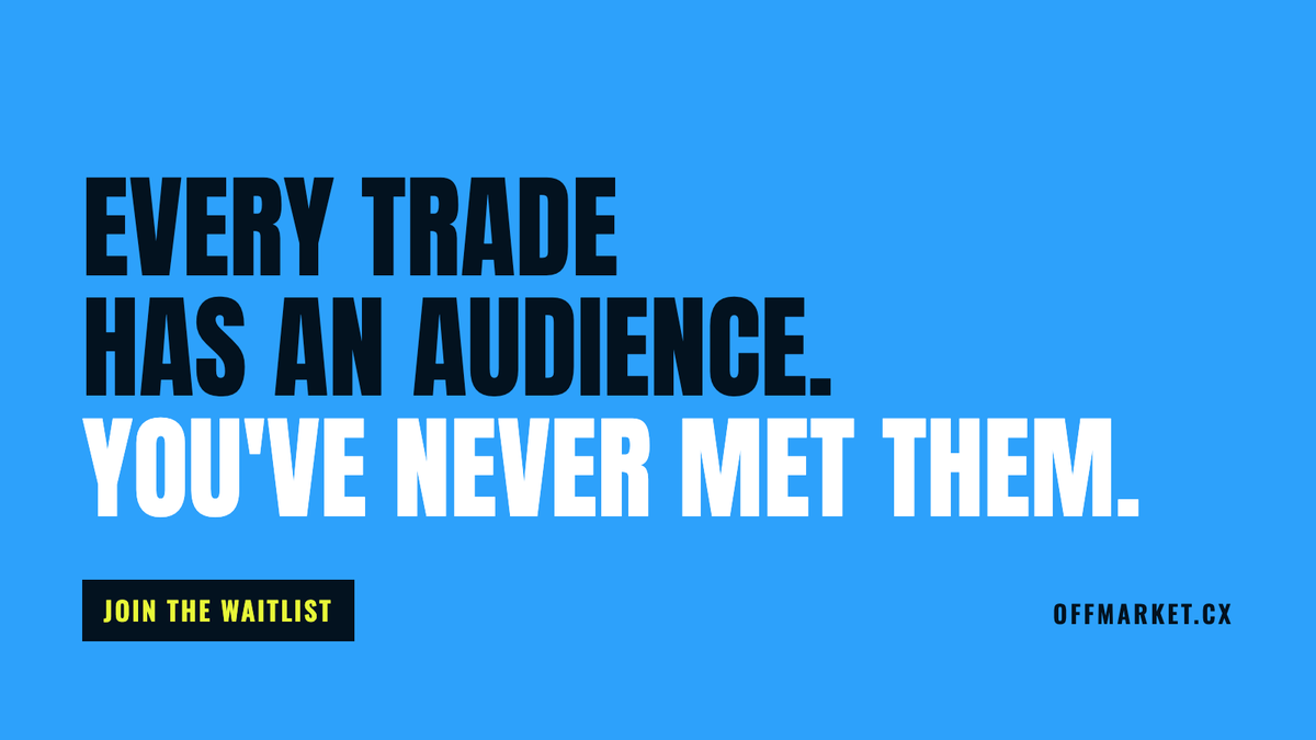 OffMarketcx's tweet photo. You've never met your audience.

Every trade you make has one. Watching in real time, free of charge.

OffMarket = same markets, same liquidity. Your wallet stays out of it.

Not on the list? Link in bio. https://t.co/neX6238QRB