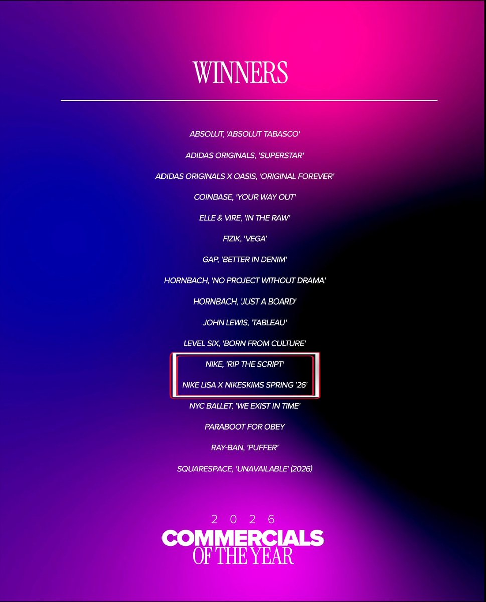 LISANATIONS_'s tweet photo. EYECANDY AWARDS is proud to announce COMMERCIALS (2026) OF THE YEAR:

- NIKE 'RIP THE SCRIPT'
- @Nike #LISA X NIKESKIMS SPRING '26'

Congratulations! @nikefootball @skims 

@wearelloud 

#LISAxNikeSKIMS
#LISAxNIKE https://t.co/C8PXVnBORs