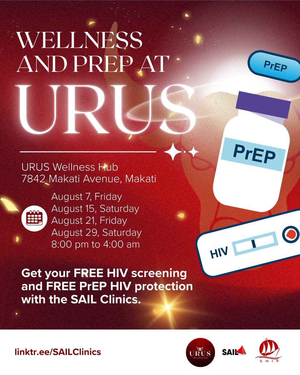 SailClinics's tweet photo. Have sparty weekends this August with @UrusWellness and (#PreP)! 🤙

SAIL will be at Urus Makati on:
⭕️ Aug 7, FRI
⭕️ Aug 15, SAT
⭕️ Aug 21, FRI
⭕️ Aug 29, SAT

Before you get wet: get your free HIV screening and free PrEP with SAIL. 💦

#TogetherWeSAIL with PrEP at Urus ⛵ https://t.co/QipzB0ZSrO