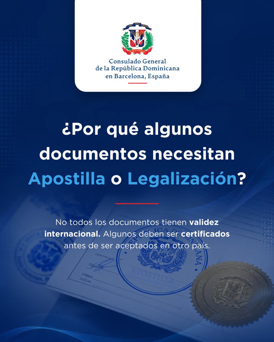 RDenBarcelona's tweet photo. 📄 ¿Sabías que algunos documentos oficiales necesitan Apostilla o Legalización para ser válidos en otro país? Verifica cuál corresponde y evita contratiempos. #ConsuladoRDBarcelona #RDenBarcelona #MIREXRD #Apostilla #Legalización https://t.co/9OPMd8N8kO