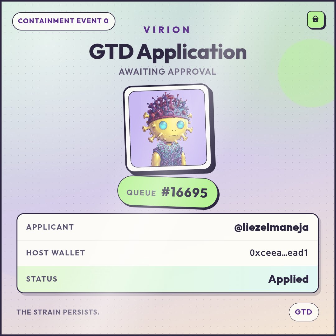 liezelmaneja's tweet photo. My Virion GTD application is complete.

Claim your WL: https://t.co/qI8tBTLrHT

@Virion_eth https://t.co/igPE0mAF21
