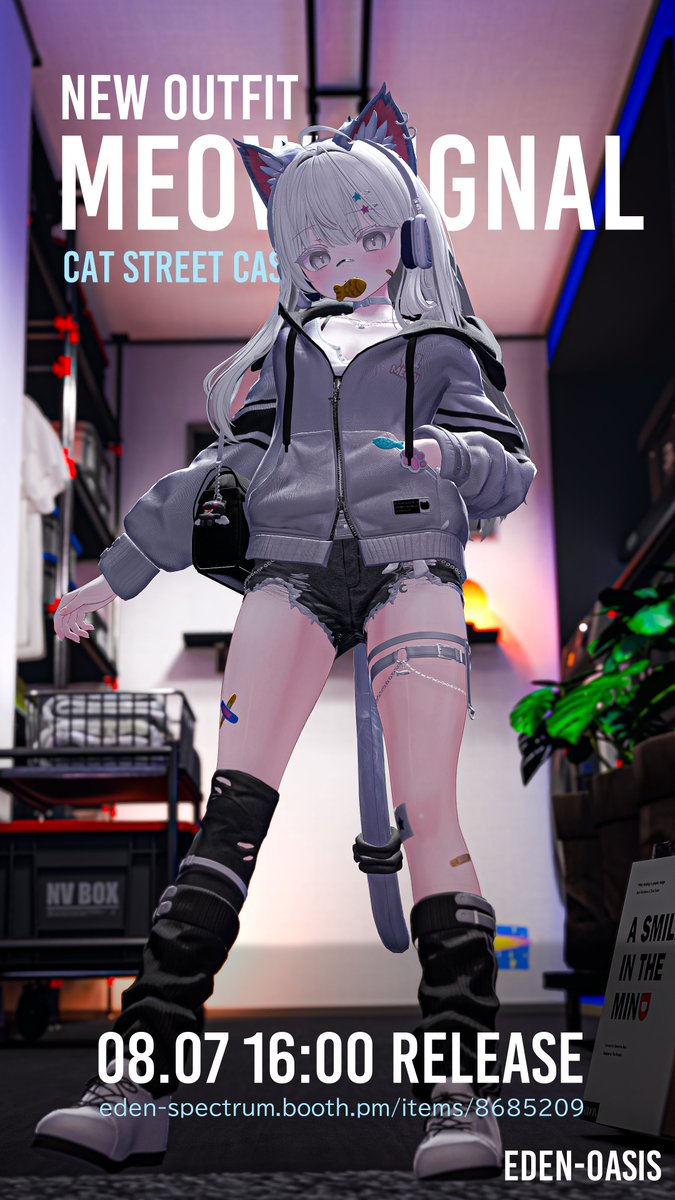 botamoccino_vrc's tweet photo. 先行公開モデルとして、新作衣装 「Meow Signal」 を着用させていただきました🐾

オーバーサイズのパーカーにショートパンツを合わせた、ゆるっと可愛いストリートコーデ！

📅 8月7日（金）16:00発売予定

🔗 https://t.co/mprsa1yxZf

現在、FULL PACKが当たるRTイベントも開催中です🎁
ぜひチェックしてみてください🐾

#eden_oasis