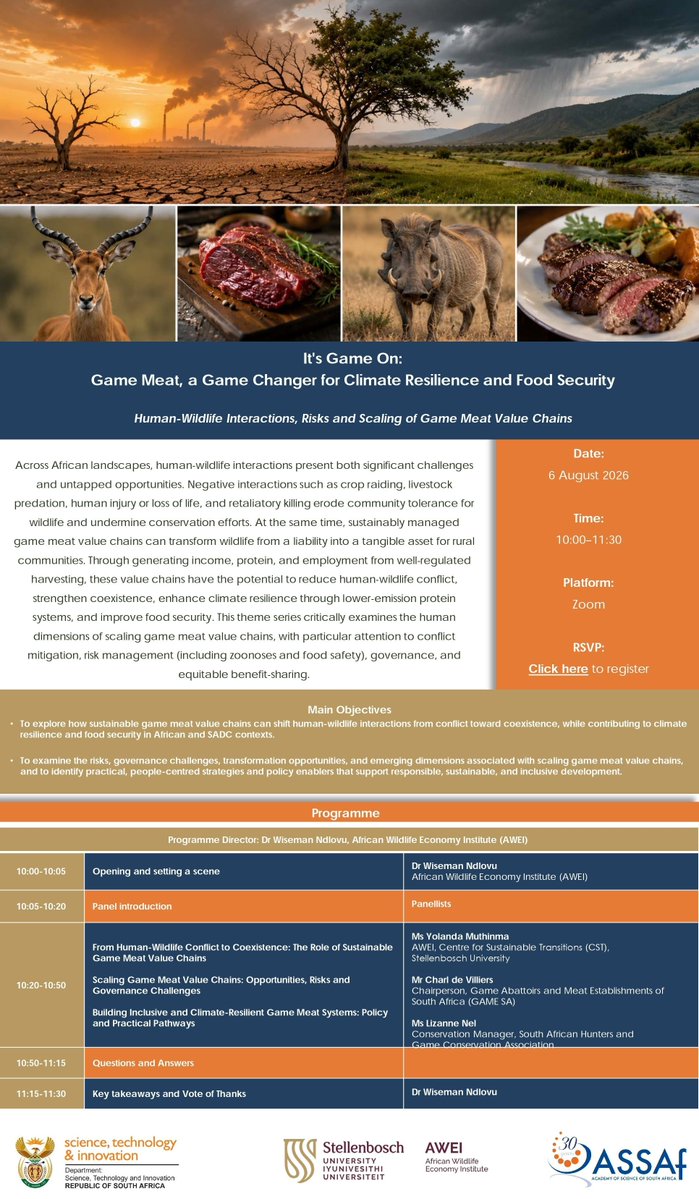 ASSAf_Official's tweet photo. 🔔 🔔 REMINDER: It's Game On: Game Meat, a Game Changer for Climate Resilience and Food Security
Human-Wildlife Interactions, Risks and Scaling of Game Meat Value Chains 

RSVP: https://t.co/PQ6feF1xda https://t.co/E3UDjaVN0K