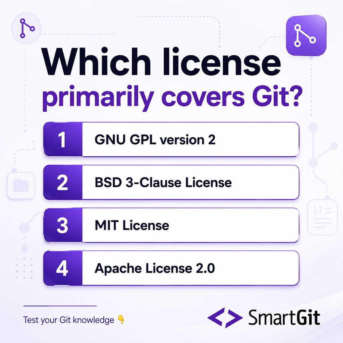 smartgithg's tweet photo. π§ Git Knowledge Check!
Which license primarily covers Git? Vote below π
Ready for the reveal? π₯ Check if you got it right and tackle more Git brain-teasers with instant feedback here π https://t.co/KFUWc3WHh1
#SmartGit #Git #GitSkills #DeveloperTools #OpenSource https://t.co/SalSNwPMiQ