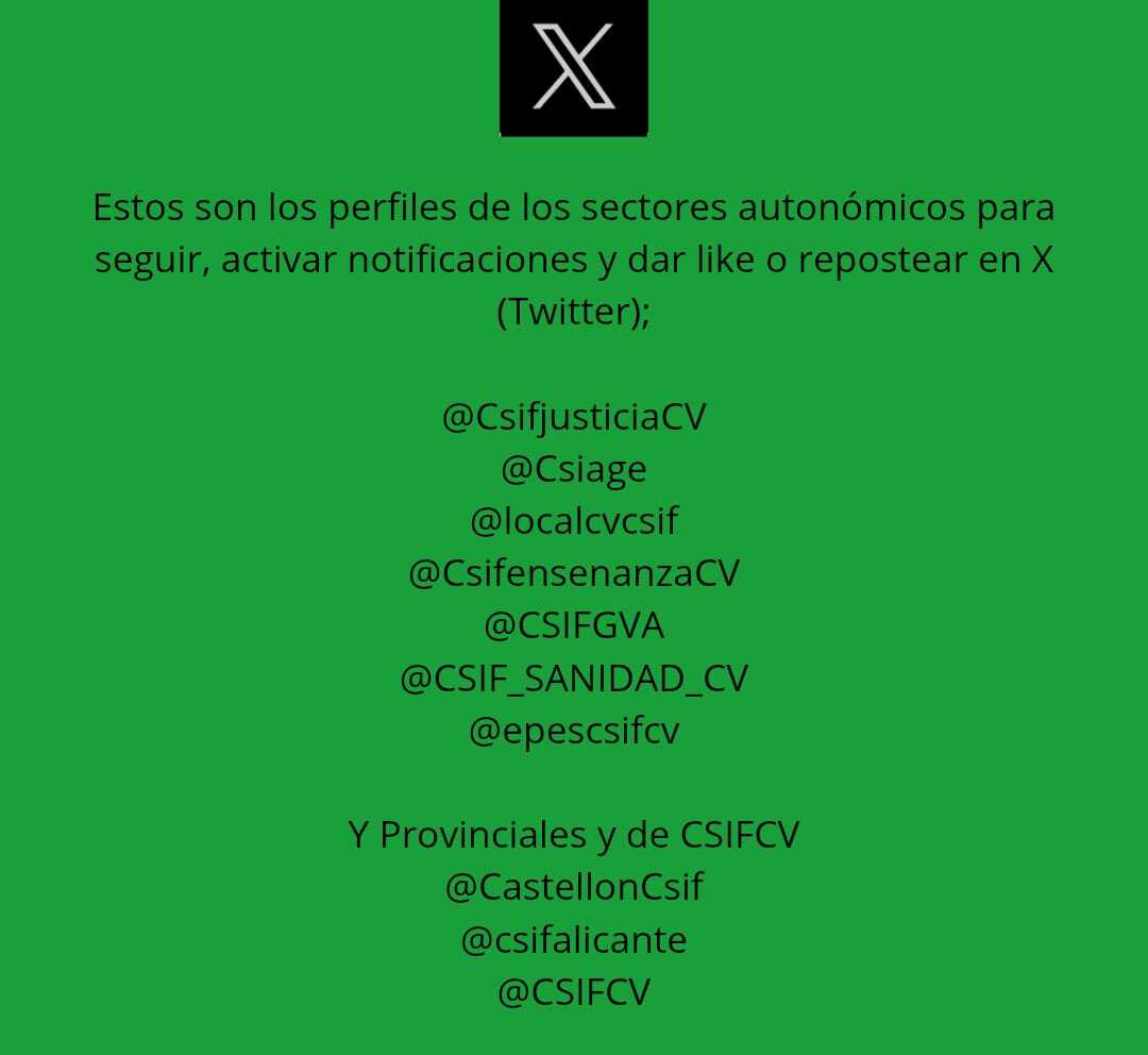 CSIFCV's tweet photo. 📱 Este verano mantente informado en los perfiles de RRSS de CSIF en la Comunidad Valenciana.

🟢 Somos el 3° sindicato en España y en la Comunidad Valenciana y el sindicato independiente más representativo de las Administraciones Públicas.

📢 ¿Te interesan las bolsas de trabajo, oposiciones, concursos de traslados, estabilización?, ¿la negociación en las mesas de Administración del Estado, Sanidad, Educación, Justicia, A.G. de la  Generalitat Valenciana, Corporaciones Locales, Correos y Empresas Públicas?
🤝 Y por supuesto, ¡también de la Empresa Privada, donde CSIF sigue creciendo!

👉 Síguenos en X, IG, FB, Tiktok