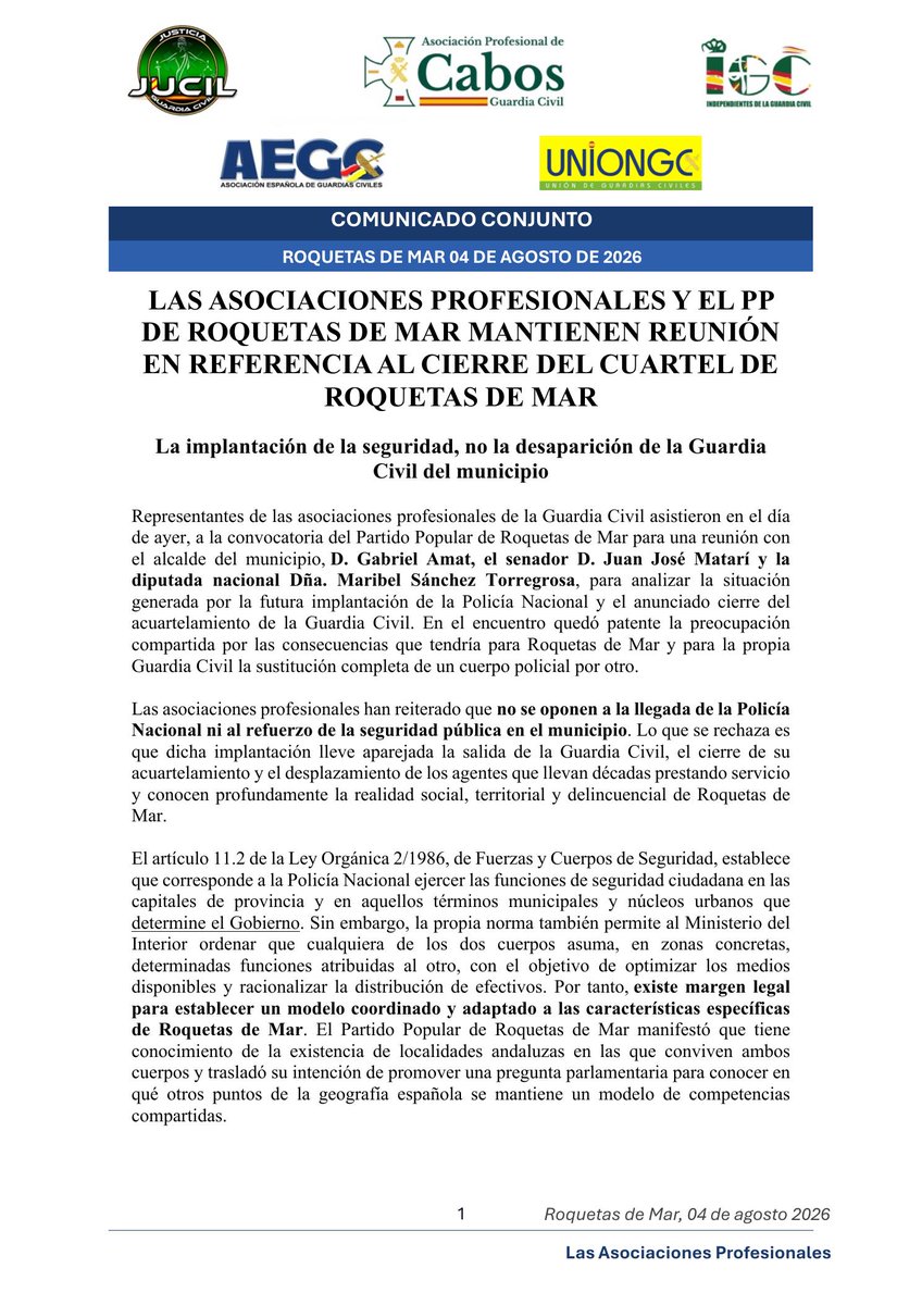 UnionGC's tweet photo. 🚨 Roquetas de Mar necesita más seguridad, no menos Guardia Civil.

Las asociaciones profesionales hemos trasladado una postura firme: no estamos en contra de la llegada de la Policía Nacional, pero sí de que ello suponga el cierre del acuartelamiento y la desaparición de la Guardia Civil del municipio.

Defendemos un modelo de demarcación compartida, que permita la convivencia de ambos cuerpos y garantice una mayor seguridad para los vecinos, sin perjudicar a los guardias civiles que llevan años prestando servicio en la localidad.

#GuardiaCivil #RoquetasDeMar #SeguridadCiudadana #UnionGC #DemarcaciónCompartida #NoAlCierre #MásSeguridad