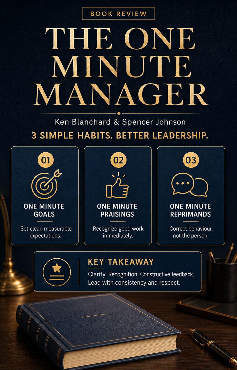 naveedse2's tweet photo. 📘 Book Review: The One Minute Manager

The One Minute Manager by Ken Blanchard and Spencer Johnson presents a simple, practical approach to effective leadership.

#Leadership #Management #BookReview #ProfessionalDevelopment #TeamManagement https://t.co/Mknqr6EIG3