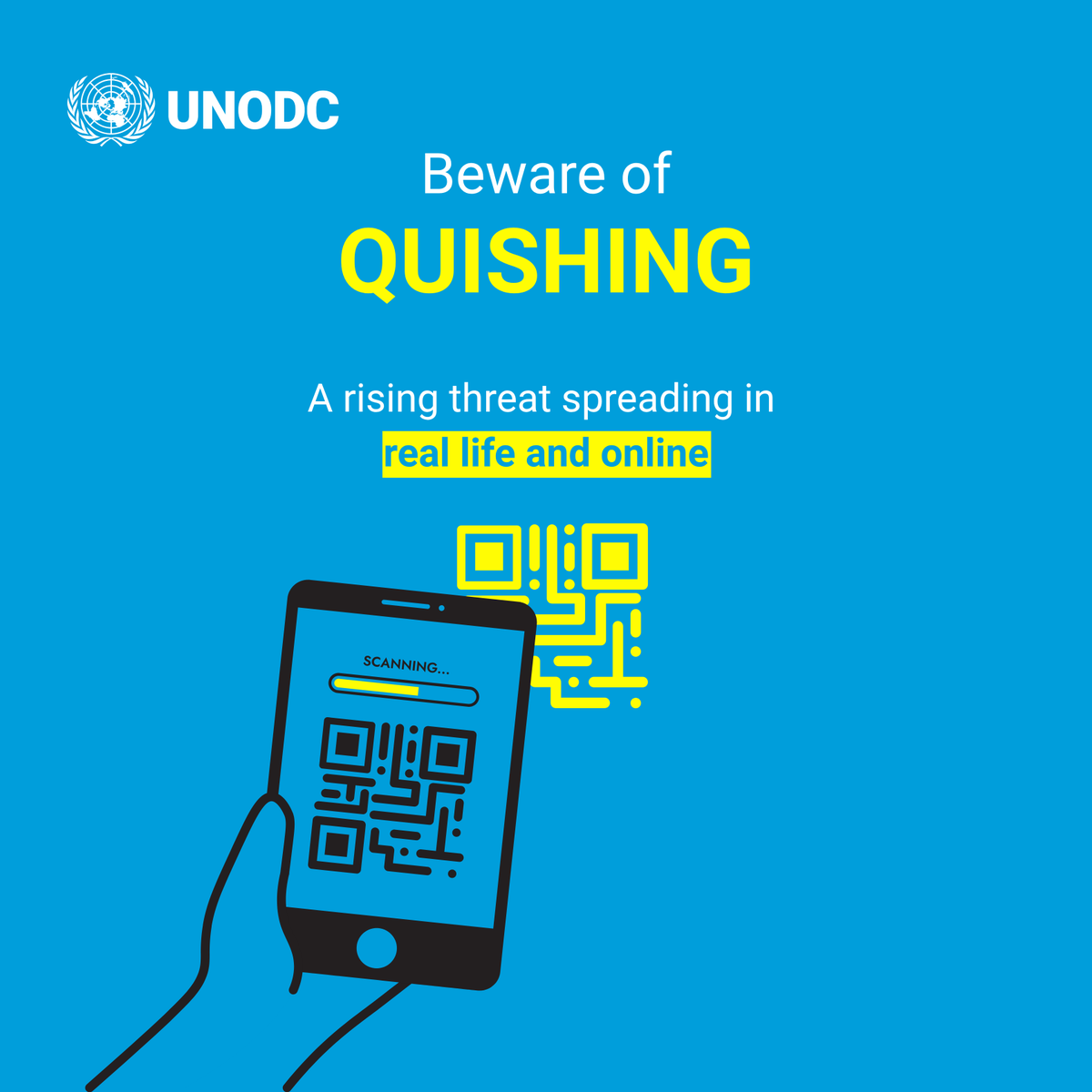 UNODC's tweet photo. Think before you scan.

As handy as they might be, QR codes can pose a threat online and in real life.

Cybercriminals are increasingly using QR-code phishing to carry out cyberattacks, scams and other malicious activities.

Learn more about quishing and how to stay safe. ⬇️ https://t.co/qvVBti1KsJ