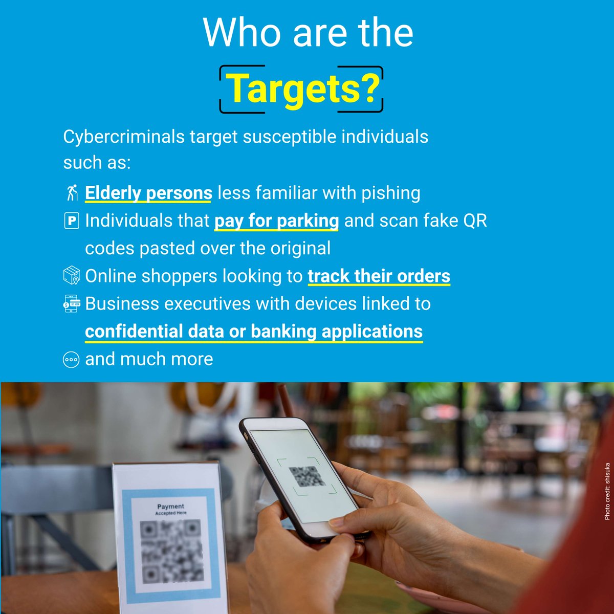 UNODC's tweet photo. Think before you scan.

As handy as they might be, QR codes can pose a threat online and in real life.

Cybercriminals are increasingly using QR-code phishing to carry out cyberattacks, scams and other malicious activities.

Learn more about quishing and how to stay safe. ⬇️ https://t.co/qvVBti1KsJ