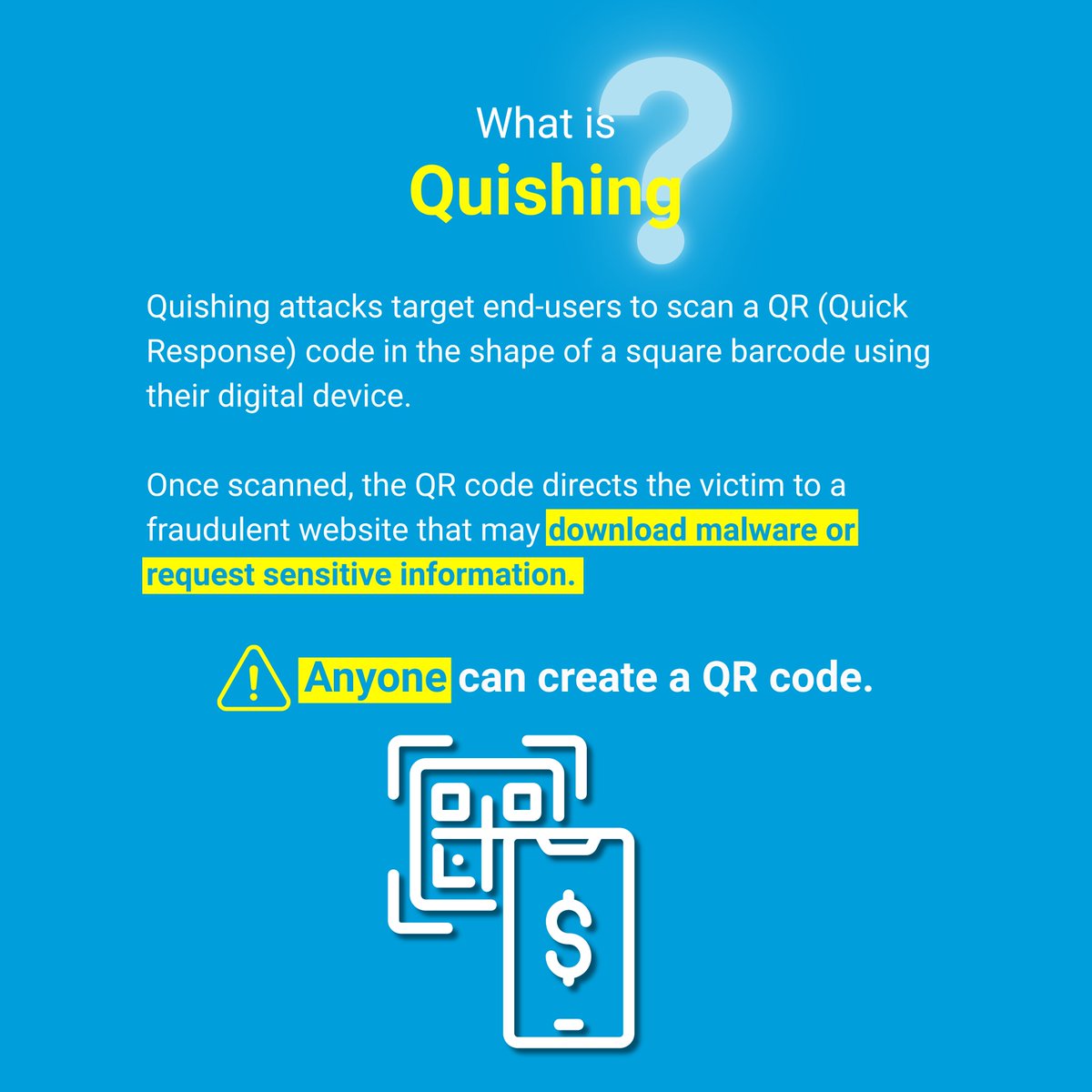 UNODC's tweet photo. Think before you scan.

As handy as they might be, QR codes can pose a threat online and in real life.

Cybercriminals are increasingly using QR-code phishing to carry out cyberattacks, scams and other malicious activities.

Learn more about quishing and how to stay safe. ⬇️ https://t.co/qvVBti1KsJ