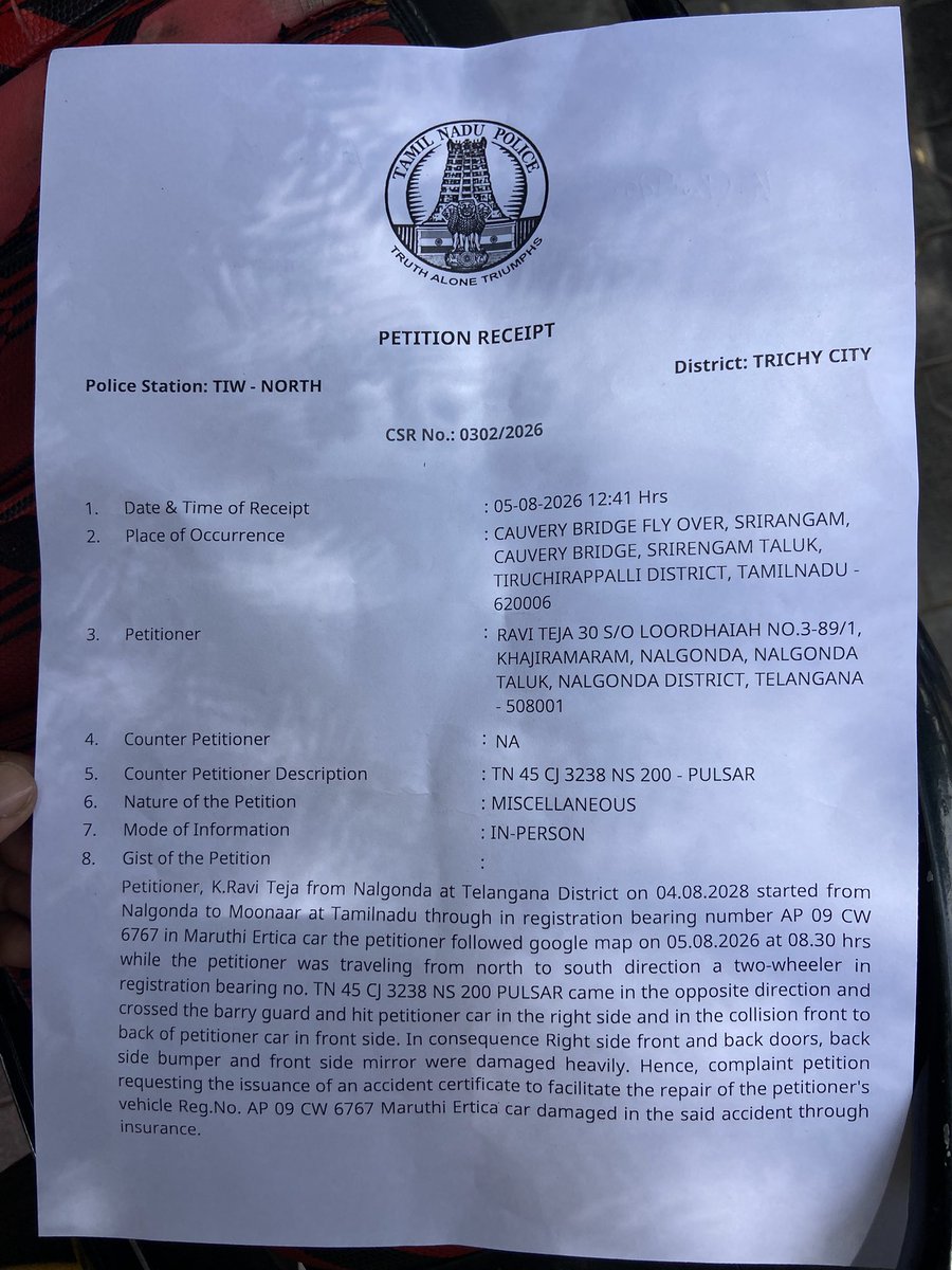 KSRIKANTH95's tweet photo. The police officer they are not filing FIR, 
They took bribe infront of us, and intelligently they gave us to insurance claim petition,
They are Reception is very bad 

We are very upset with this injustice,
Please help us 

Thank you,
@TrichyPolice @tnpoliceoffl @CMOTamilnadu https://t.co/iocCst5Vrg