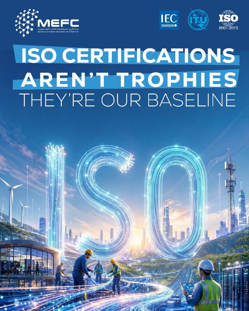 Mefc_Mena's tweet photo. ISO certifications aren't just credentials. They're proof of disciplined manufacturing.

At MEFC, ISO 9001, ISO 14001, and ISO 45001 help ensure quality, responsible operations, and workplace safety—every step of the way.

#MEFC #FiberOptics #ISO9001 #MadeInSaudi https://t.co/7JGNUR8vfx