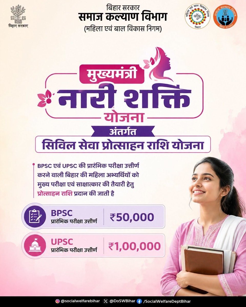 DoSWBihar's tweet photo. BPSC और UPSC की प्रारंभिक परीक्षा पास करने वाली बिहार की महिलाओं के लिए प्रोत्साहन राशि का लाभ।
इसका उद्देश्य बिहार की महिलाओं को मुख्य परीक्षा एवं साक्षात्कार की तैयारी के लिए आर्थिक सहयोग प्रदान करना है।
#ProtshanRashi #WCD #MahilaSashktikaran #MukhyaPariksha #UPSC #BPSC https://t.co/DvwLvWgalY