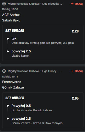 _bukzaplac's tweet photo. Środa pucharowa? Dubelka proszę! 👍 🏆 ⚽️

Wczorajsza Liga Mistrzów bez komentarza - niewypał.

Dziś na radarze dwa mecze:

1⃣ Aarhus - Sabah: obie strzelą/+2,5 bramek & +2,5 kartek @ 2.20
2⃣ Ferencvaros - Górnik: Górnik +9,5 strzałów i +2,5 rożnych @ 2.05

Gramy na pałę? Wiadomo, że nie - parę słów o każdym z betów. 👇

🇩🇰 🇦🇿 Śledząc wyniki Aarhus widać tu pewien trend: są gole, są kartki, więc jak na razie pokrycie takiego zakładu widzieliśmy w 4/4 meczów tego sezonu. Sabah Tymka Puchacza w eliminacjach zaliczył już 4 wygrane i stracił tylko 1 bramkę, ale rywale byli jacy byli. Z kartkami było już 4/4, więc tutaj znacznie lepiej. Stać ich na pewno na gola, a na co stać Aarhus wie cały Poznań i okolice. Może być dość otwarte spotkanie.

🇭🇺 🇵🇱 Generalnie to postawiłem na drugim kuponie na Ferencvaros, ale jednak linie na strzały i rogi Górnika zachęcają. 10 uderzeń i 3 kornerów nie zrobili tylko w Stambule, gdzie byli wystraszeni i zdominowani - tutaj tego raczej nie zobaczymy. Z Lechem w Superpucharze było 12 strzałów i 4 rożnych, rewanż z Fenerbahce to 15/9, ze Śląskiem w lidze 12/8. No dobra, a na ile pozwalał Ferencvaros? Na dużo. Vojvodina u siebie miała 13/4, w rewanżu po czerwonej już w 9 minucie i tak zrobili 8/2, potem Twente 18/4 i 21/8, dwaj ligowi rywale 18/7 i 7/5.

🔗 https://t.co/a3WsCYPOBN