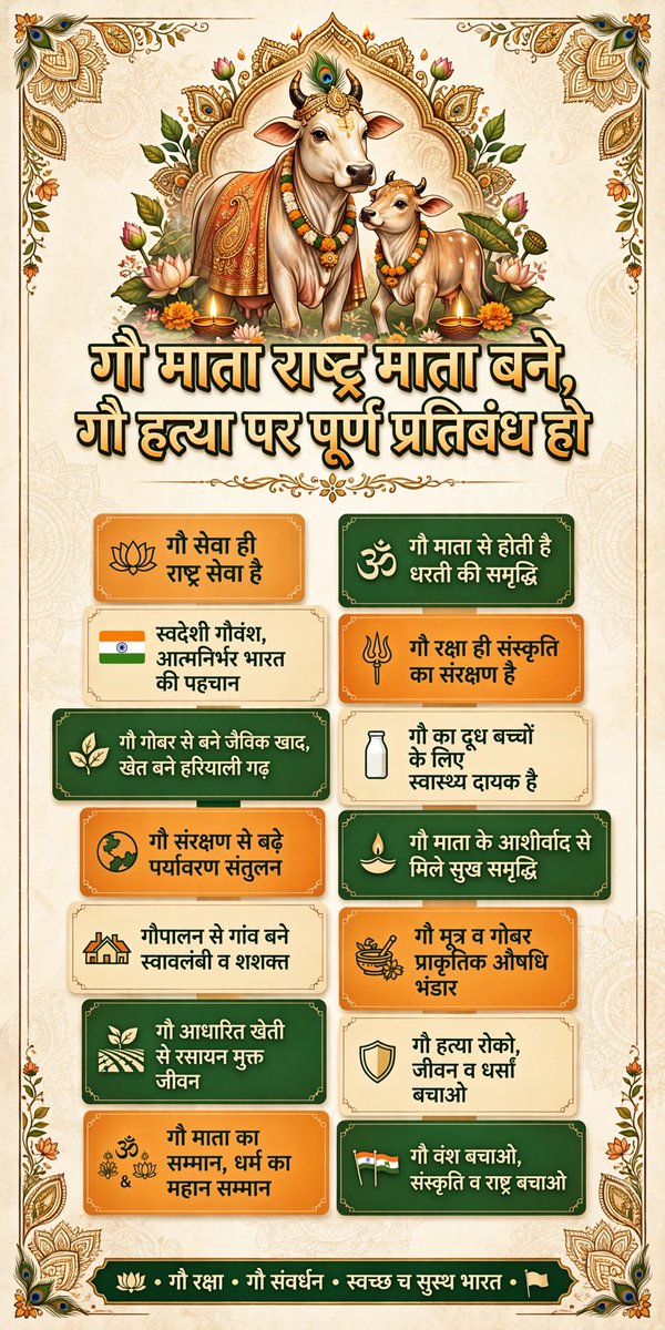 deepakbagriya10's tweet photo. गौ माता केवल पशु नहीं, हमारी माता और हमारा गौरव है! 🙏

समय आ गया है कि उन्हें राष्ट्र माता का दर्जा मिले और पूरे भारत में गौ हत्या पर पूर्ण प्रतिबंध लगे।
एक ही संकल्प - गौ माता का सम्मान, राष्ट्र का उत्थान! 🚩

#GauMataRashtraMata #GauHatyaBandKaro #GauMataKiJai #GauMataBachao https://t.co/jKUfN2QJb8