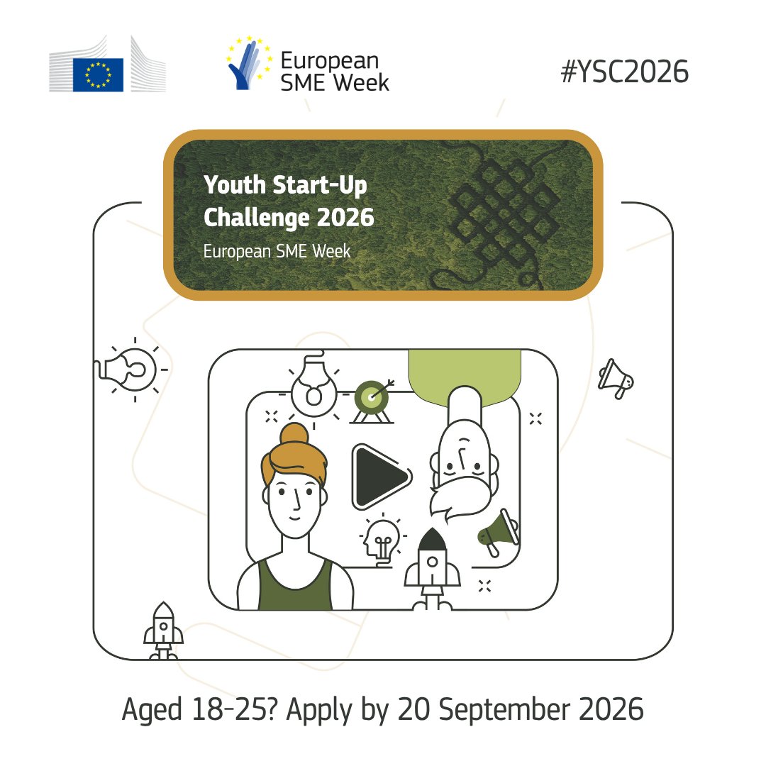 Clusters_EU's tweet photo. Every ecosystem has young talent with bold ideas. The Youth Start-Up Challenge 2026 gives them a European stage.

Ages 18–25 | Deadline: 20 September 🚀
#YSC2026 #ECCP #EUSMEWeek

👉 https://t.co/9oXUcMqozC https://t.co/g0sJUWCFh8