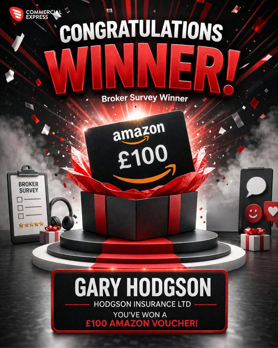 CommercialExp's tweet photo. Congratulations to Gary Hodgson from Hodgson Insurance Ltd, winner of our latest Broker Survey prize draw! Gary has won a £100 Amazon Voucher. 🛍️ Thank you to everyone who completed the survey. https://t.co/OCswNeohWU