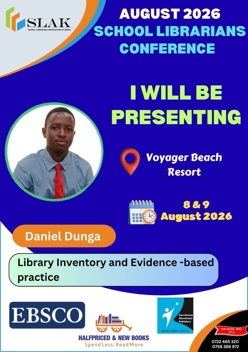 OchiengDunga's tweet photo. As a Library and Information Science professional at Aga Khan School~Mombasa, I am delighted to be presenting at the SLAK Conference 2026. @schlibrarianske https://t.co/CKzv6v4Eqz
