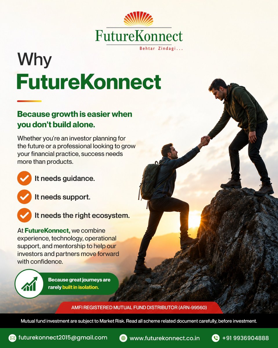 FutureKonnect's tweet photo. Success isn't built alone.

At FutureKonnect, we empower investors and financial professionals with the guidance, technology, and support they need to grow with confidence.

Grow with the right partner.

#FutureKonnect #WealthManagement #FinancialPlanning #Investment #SIP https://t.co/shPpSJO4qF