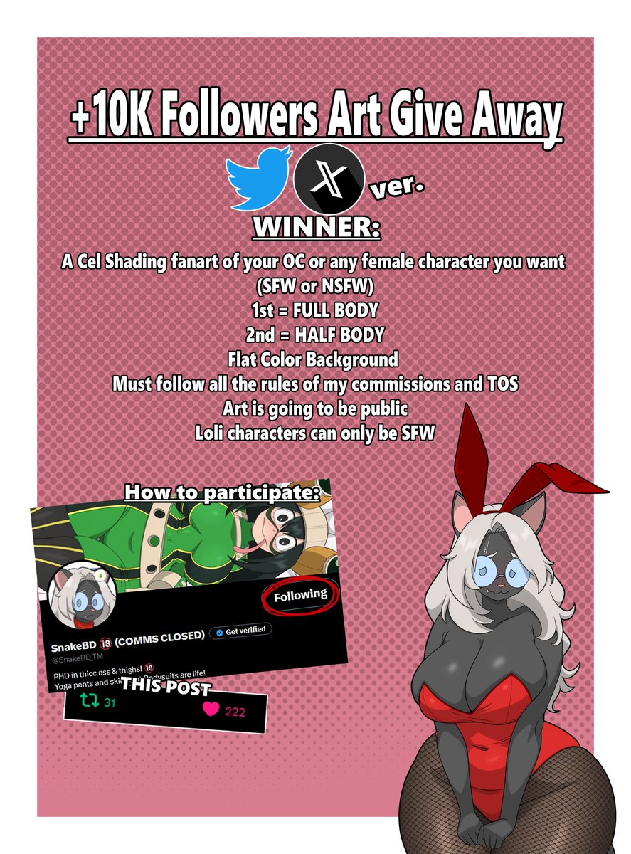 SnakeBD_TM's tweet photo. After a long wait, finally we have my +10K Followers Art Giveaway

🎉5000 followers Art Give Away🎉

🕞Deadline: August 11th🕞

Just be a follower, like and re-tweet this post !

 (Comment is optional but it would be awesome to see your OCs and favorite Waifus)

Thank you all 😊 https://t.co/WLYxAfQwkk