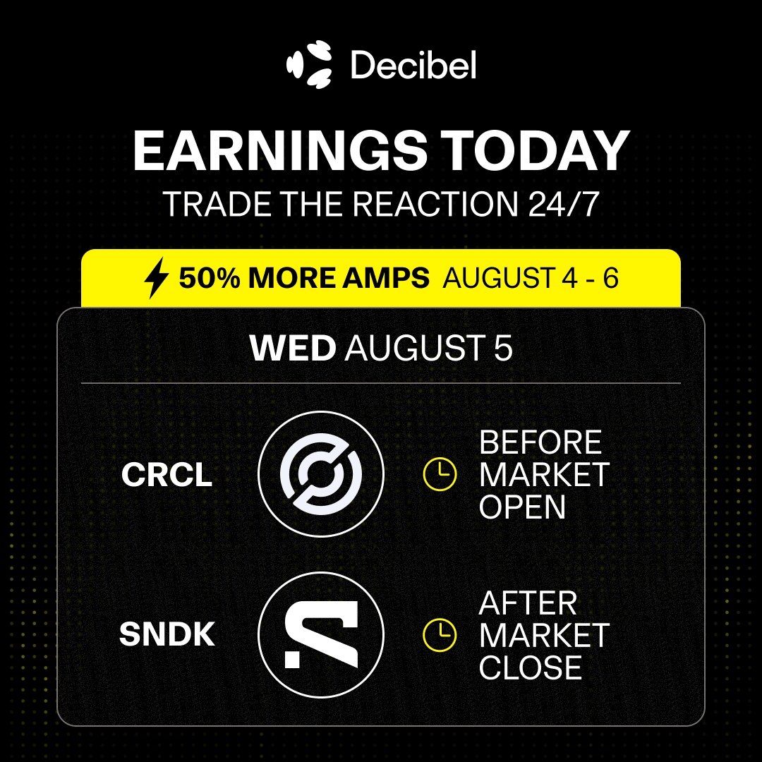 DecibelTrade's tweet photo. $CRCL before the bell. $SNDK after it.

Wall Street has a closing time. Decibel doesn’t.

Trade both 24/7.

→ https://t.co/BMua6YYVXn https://t.co/3VOzK62jno