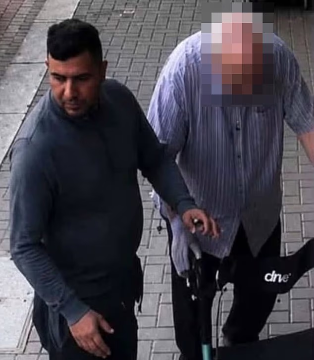 Alexandr4Denman's tweet photo. These two utterly low life foreigners robbed this elderly man the picture on the right shows how he veered the elderly man back against the wall  with his walker the man had cash in a blue plastic bag , he tried with all his energy to wave his walking stick at them to try get them away but they got away . He was left shuffling through the rest of his belongings while they walked away casually . He was watched and targeted because he had just come out of the bank and they knew he was an easy target .
STUDY THE PICTURES AND SHARE LETS FIND THEM !!