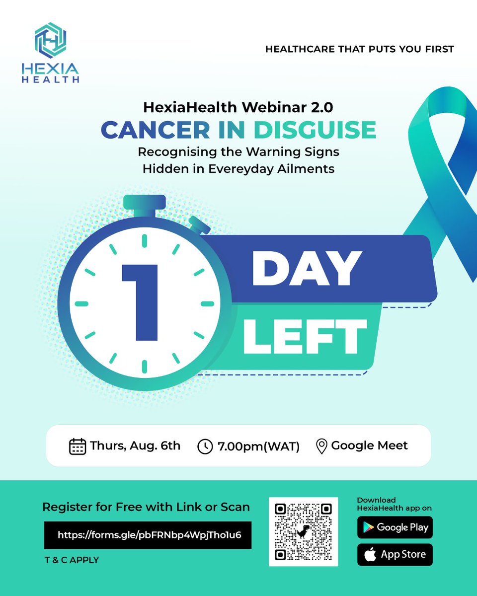 HexiaHealth's tweet photo. 1 DAY TO GO! 🎉 HexiaHealth Webinar2.0 goes live tomorrow. 

Get ready to learn why many cancers are only diagnosed at advanced stages, the subtle symptoms that are often mistaken for everyday illnesses, and how early detection can significantly improve outcomes. https://t.co/zsQr9nTuJl