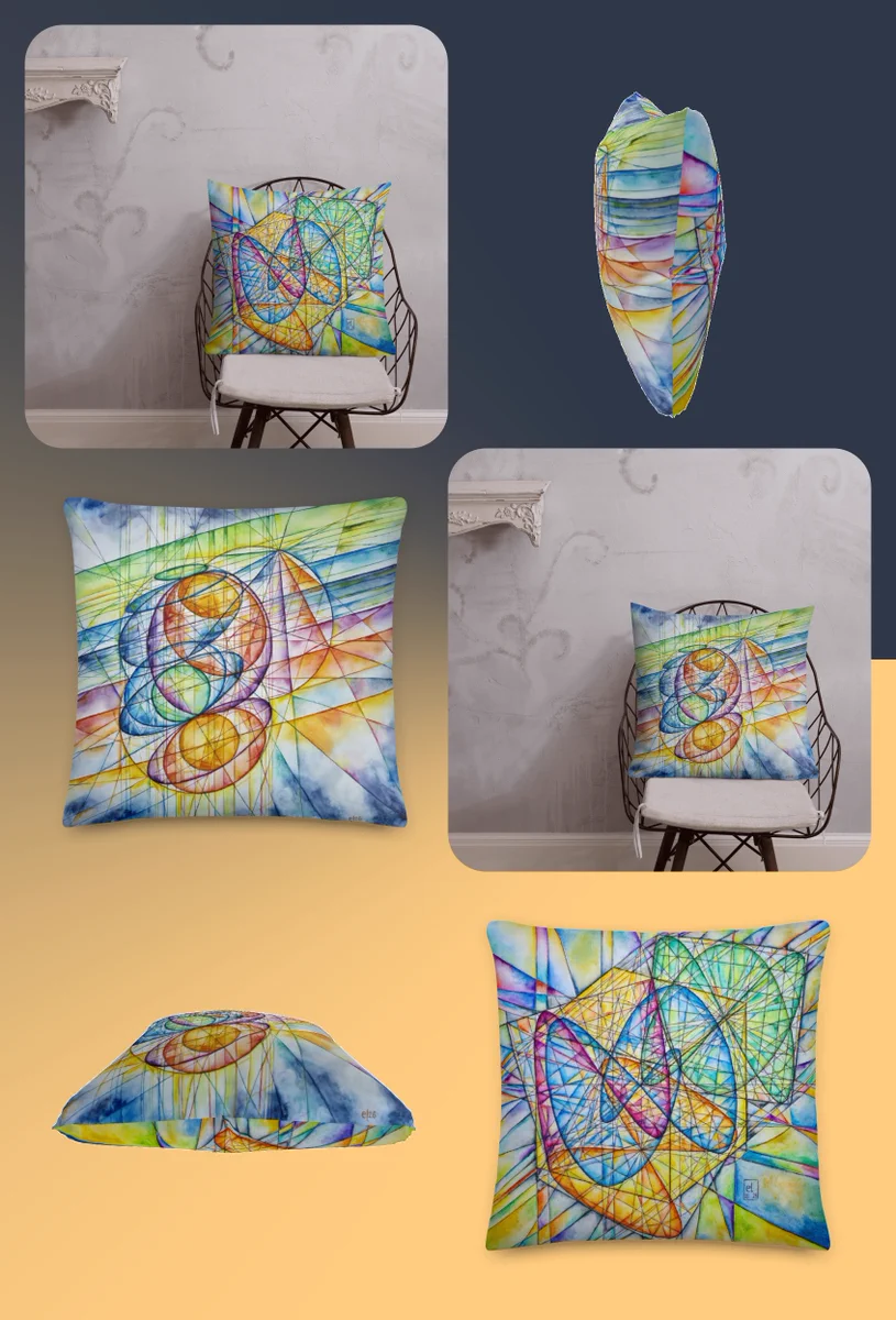 Collage of mockups of a pillow, printed with colorful, hand-drawn mathematical art - watercolor pencils creating a stained-glass-style tesselation that emerges naturally from the descriptive geometry construction lines. Different art on front and back: Lissajous Trilogy - 3D Lissajous figures and 2D projections, stereographic projection of circles through the North Pole to lines.