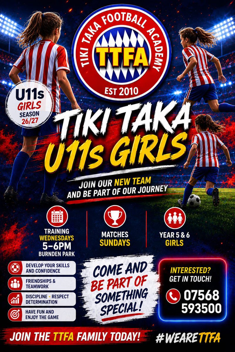 TikiTakaLadies's tweet photo. New Girls Team Recruitment.

All Abilities Welcome 
Year 5 &amp; 6 Girls from September 2026

Training: Wednesdays 

@ Burnden Park 3G 
Croft Lane 
Bolton 
BL3 2RS

Time: 5-6pm

We will be playing in the BBDFL Sunday mornings 

☎️ 07527 256029 for more info https://t.co/I8xAFC9mlq