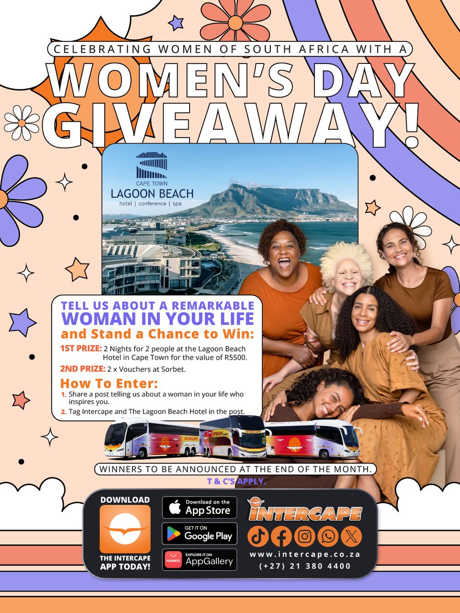 IntercapeBus's tweet photo. Women’s Day Giveaway!

Tell us about a remarkable woman in your life and stand a chance to win:

1st Prize: 2 Nights for 2 people at the Lagoon Beach Hotel in Cape Town for the estimate value of R5500.

2nd Prize: 2x Vouchers at Sorbet.

T &amp; C’s Apply. https://t.co/NNG56iZyES