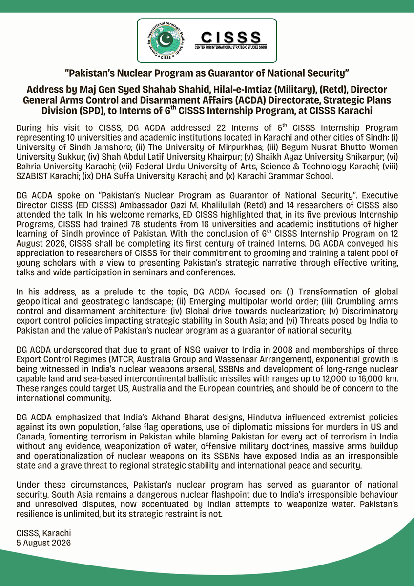 CISSS_Karachi's tweet photo. @UnderSecT @scientistsorg @BulletinAtomic @ArmsControlWonk @ArmsControlNow @clary_co @MichaelKugelman @SIPRIorg @CarnegieEndow @dhume @HappymonJacob @StateACN @adgpi @IISS_org @rajnathsingh @SpokespersonMoD @DrSJaishankar @MEAIndia @PakPMO @PMOIndia @CSIS @orfhindi @NTI_WMD https://t.co/m52V8yIG8d